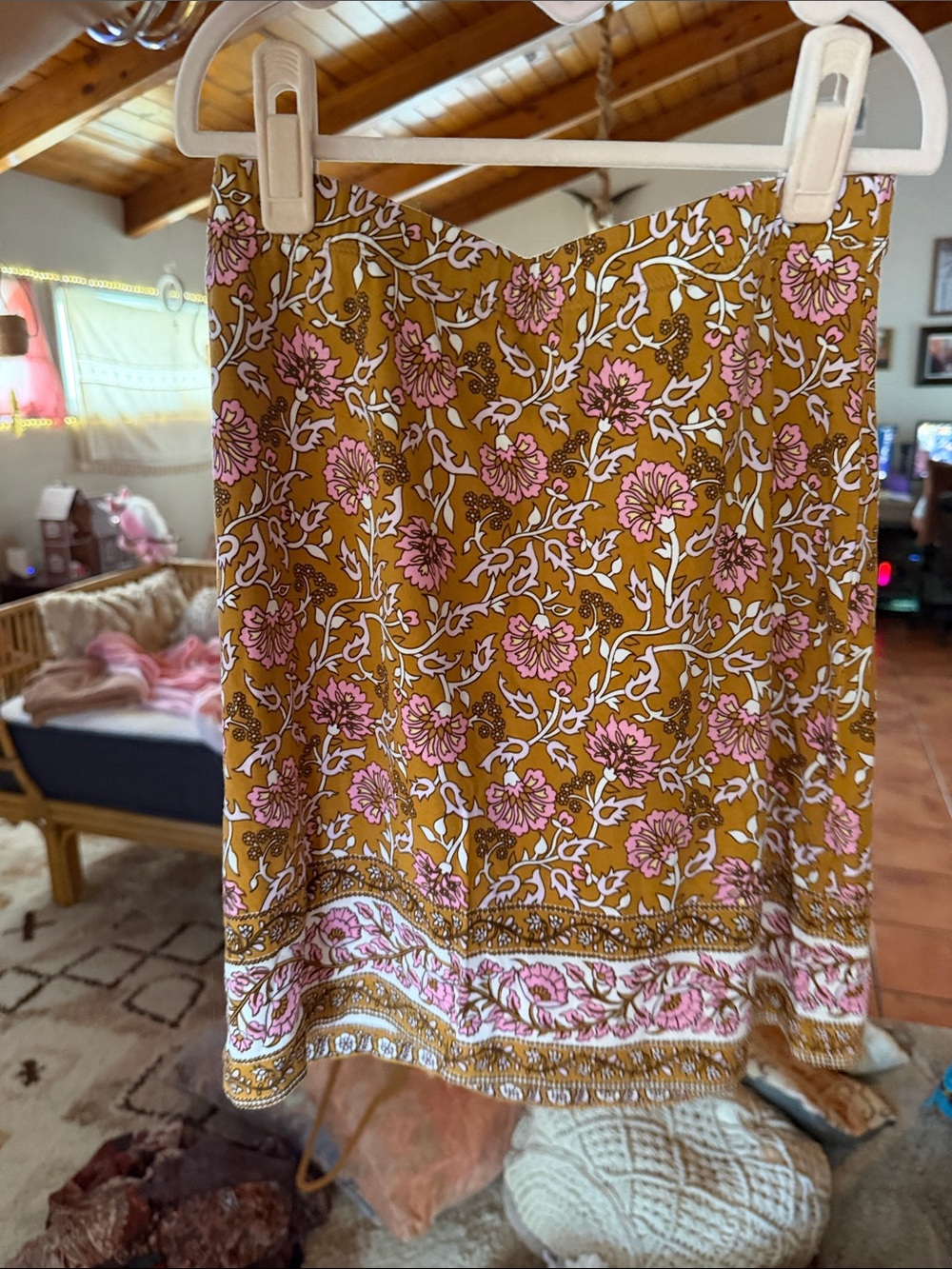 Arnhem bodycon mini skirt in Mustard and Pink Floral Border print